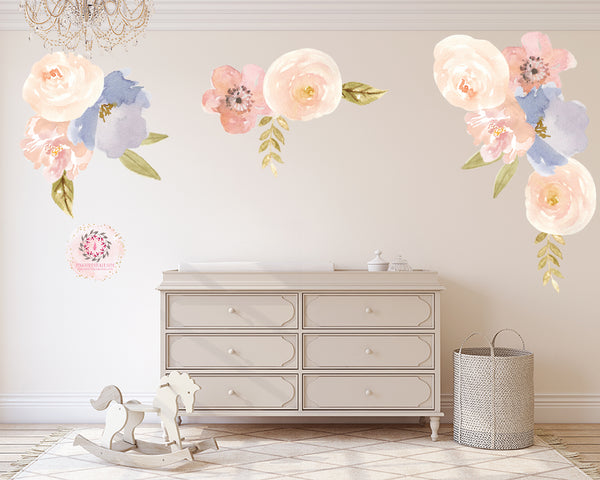 Peony Peonies Floral Wall Decal Flower Watercolor Decals Sticker Blush Pink Peach Blue Art Boho Decor