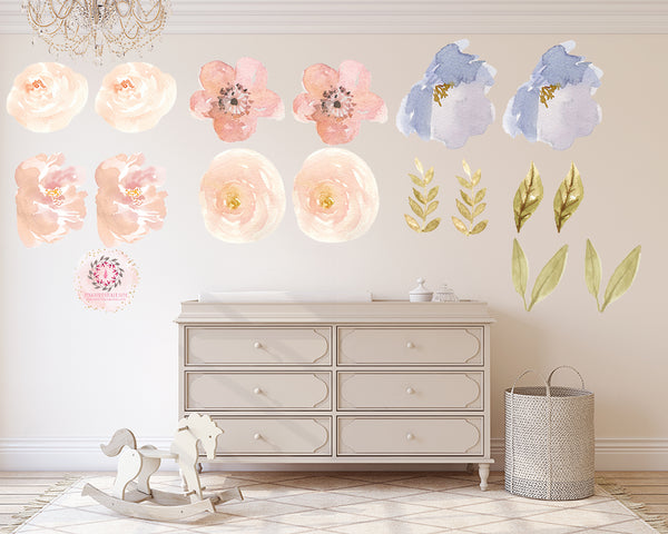 Peony Peonies Floral Wall Decal Flower Watercolor Decals Sticker Blush Pink Peach Blue Art Boho Decor