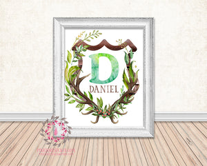 Baby Name Monogram Initial Personalized Birth Announcement Baby Boy Gift Watercolor Woodland Watercolor Floral Rustic Baby Antlers Nursery Home Decor Printable Wall Art