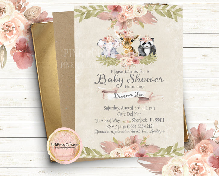 Elephant Giraffe Panda Bear  Invite Invitation Baby Shower Boho Floral Watercolor Birth Announcement Printable