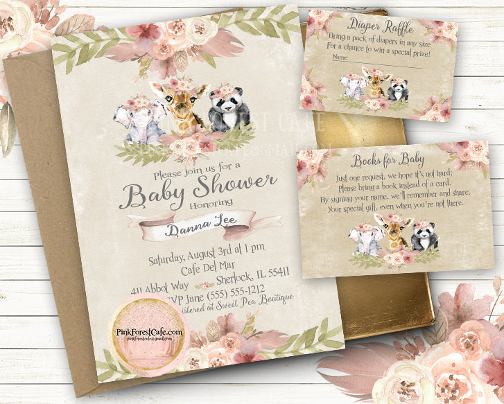 Elephant Giraffe Panda Bear Invite Invitation Baby Shower Boho Diaper Raffle Books For Baby Floral Watercolor Birth Announcement Printable