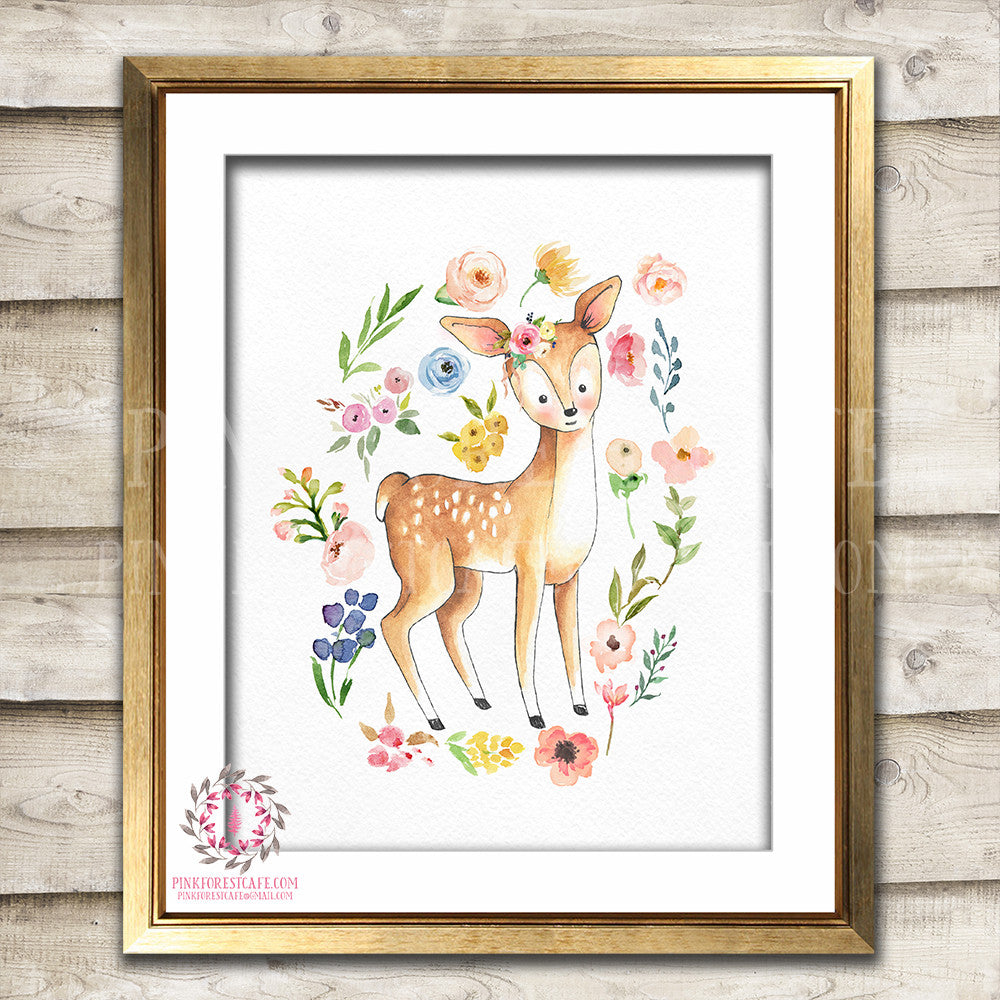 Boho Deer Watercolor Bohemian Blush Floral Woodland Nursery Baby Girl Room Printable Print Wall Art Decor
