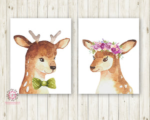 2 Deer Doe Buck Antlers Printable Print Wall Art Woodland Boho Bohemian Floral Nursery Baby Girl Bedroom Set Lot Prints Decor