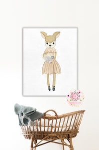 Ethereal Boho Deer In Ballerina Dress Wall Art Print Baby Girl Nursery Room Watercolor Ballerina Printable Decor