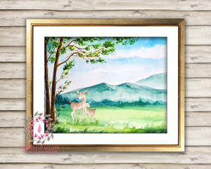 Deer Fawn Woodland Boho Watercolor Print Printable Wall Art Bohemian Landscape Nursery Baby Girl Room Playroom Decor