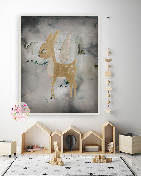 Woodland Deer Ethereal Wall Art Print Watercolor Baby Neutral Nursery Wings Exclusive Printable Monochromatic Decor