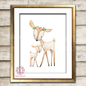 Boho Bohemian Deer Mama Fawn Woodland Printable Wall Art Print Garden Floral Nursery Baby Girl Room Decor