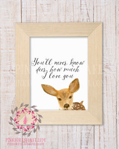 Deer Fawn You Are My Sunshine Wall Art Print You'll Never Know How Much I Love You Woodland Printable Nursery Decor