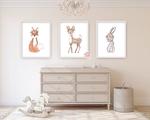3 Boho Woodland Deer Fox Bunny Rabbit Wall Art Print Watercolor Baby Nursery Floral Printable Decor