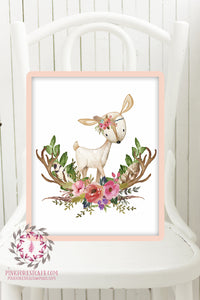 Deer Woodland Boho Printable Print Wall Art Baby Nursery Feather Antlers Watercolor Bohemian Floral Girl Room Decor