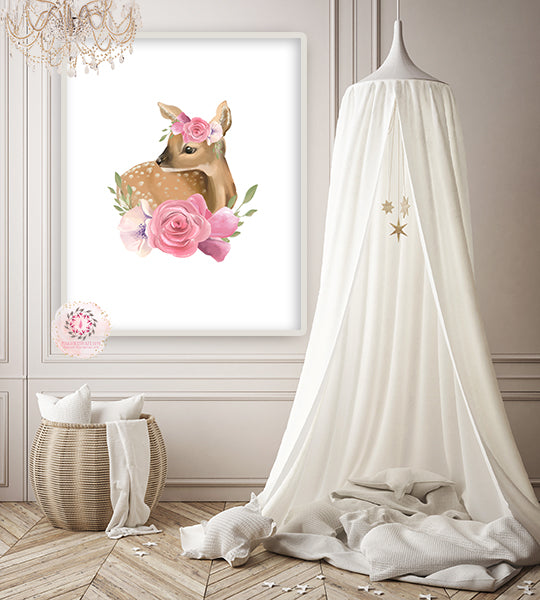 Boho Deer Fawn Baby Girl Nursery Wall Art Print Ethereal Whimsical Wat ...