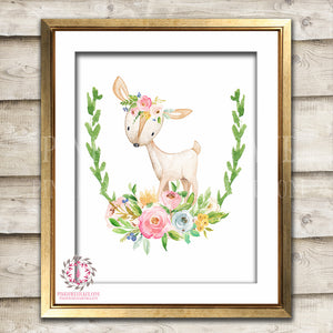 Deer Watercolor Woodland Boho Bohemian Floral Nursery Baby Girl Room Printable Print Wall Art Home Decor