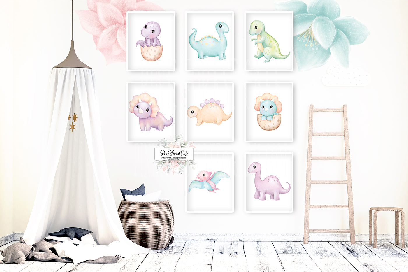 SALE 8 Pink Purple Girl Dinosaur Wall Art Prints Girl Nursery Room Printable Decor