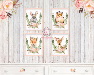 4 Deer Fox Bunny Rabbit Owl Woodland Boho Bohemian Feather Prints Printable Print Wall Art Floral Nursery Baby Girl Room Set Lot Decor