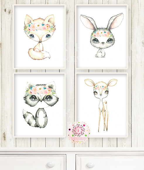 NEW 4 Deer Fox Bunny Rabbit Raccoon Boho Wall Art Print Woodland Bohemian Floral Nursery Blush Ivory Pink Baby Girl Room Set Lot Prints EXCLUSIVE** Printable  Décor