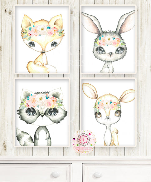 NEW 4 Deer Fox Bunny Rabbit Raccoon Boho Wall Art Print Woodland Bohemian Floral Nursery Blush Ivory Pink Baby Girl Room Set Lot Prints EXCLUSIVE** Printable  Décor