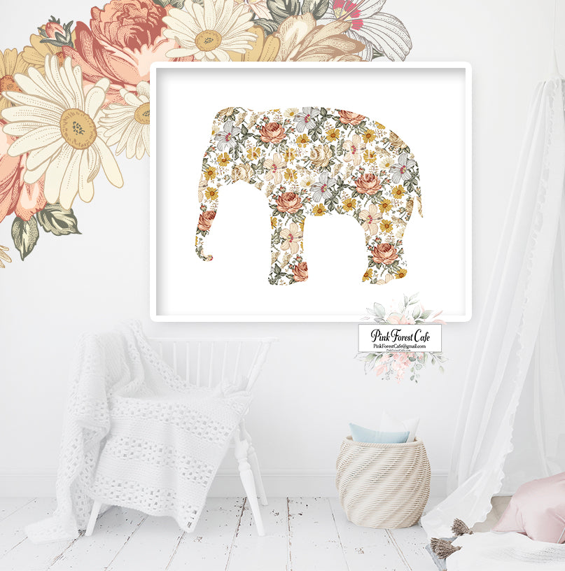 Boho Vintage Elephant Wall Art Print Nursery Baby Girl Room Floral Cottagecore Bohemian Printable Decor