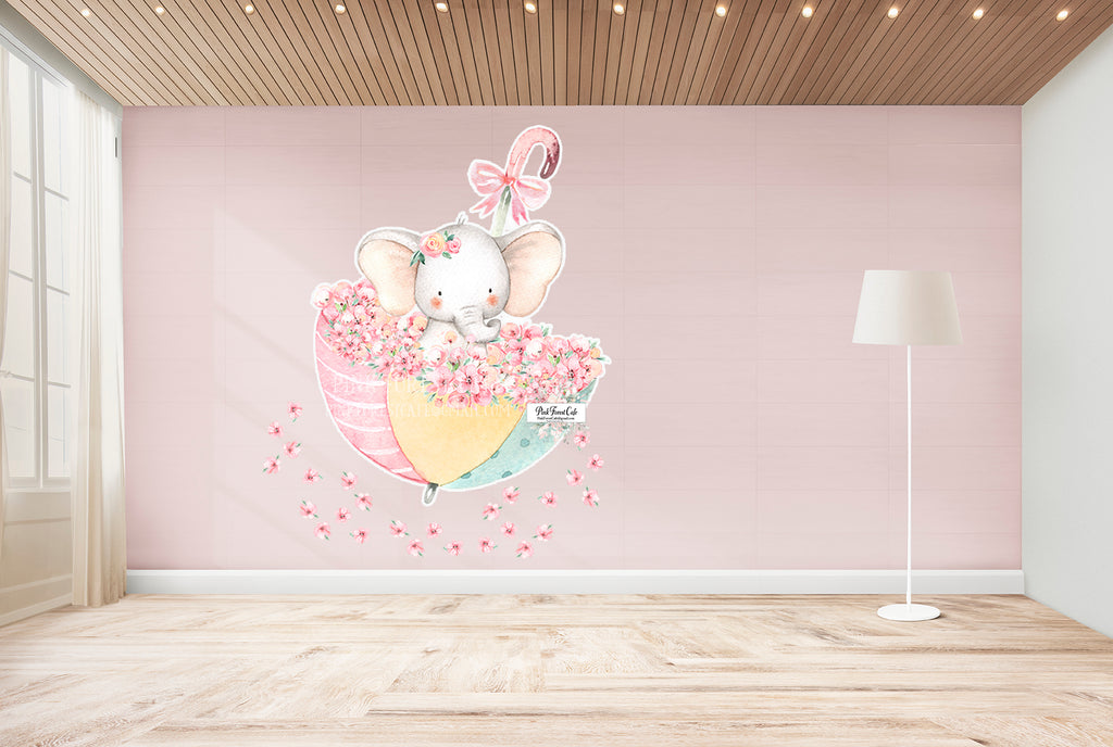 30" Umbrella Elephant + 20" Sheet Of Flowers Wall Decal Sticker Wallpaper Watercolor Decals Set Baby Nursery Art Decor