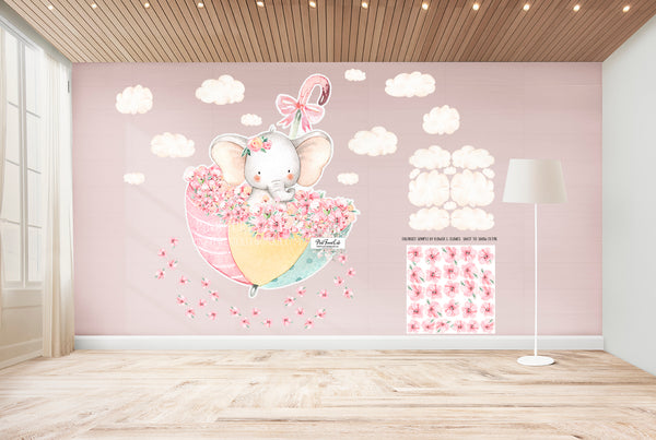 30" Elephant + 16" Clouds + 20" Flowers Wall Decal Sticker Wallpaper Watercolor Decals Set Baby Nursery Art Decor