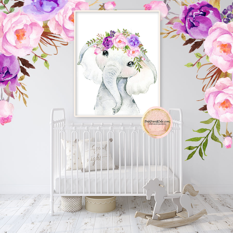 3 Purple Peony Boho Elephant Wall Art Print Peonies Blush Nursery Baby Girl Room Floral Bohemian Watercolor Printable Decor