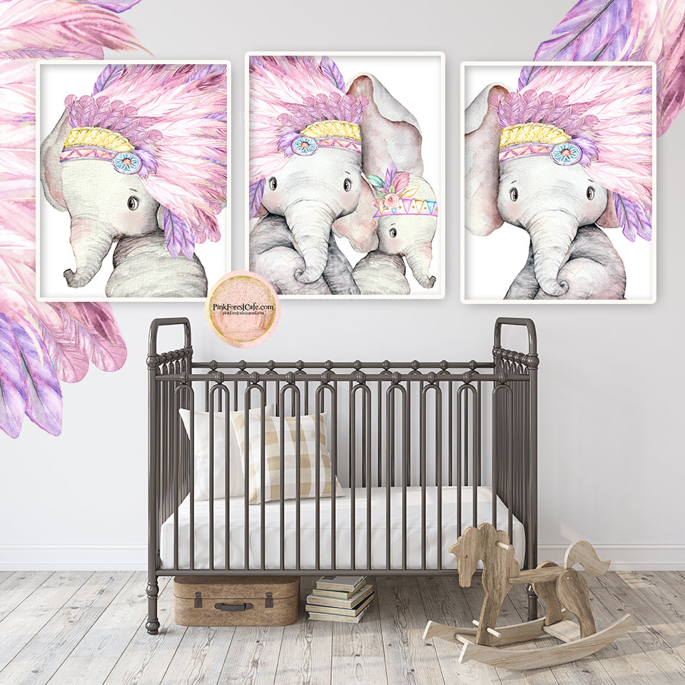 3 Boho Elephant Wall Art Print Baby Girl Nursery Pink Purple Feathers Headdress Tribal Whimsical Zoo Safari Animal Watercolor Printable Decor