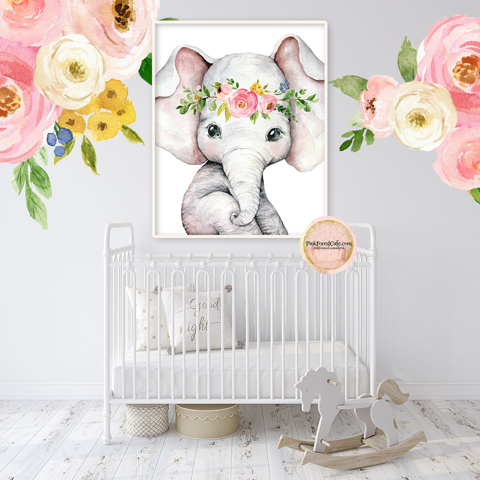 Boho Elephant Wall Art Print Nursery Baby Girl Room Floral Bohemian Watercolor Printable Decor