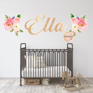 3 WaterColor Floral Baby Name Gold Wall Decal Flower Sticker Blush Pink Rose Flowers Boho Decor