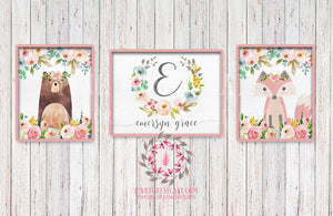 Set ANY 3 Prints Baby Name Monogram Initial Personalized Gift Boho Watercolor Woodland Floral Nursery Decor Printable Print Wall Art