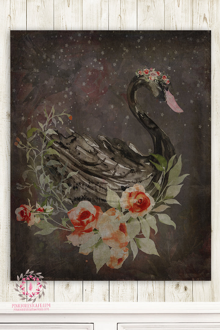 Boho Black Swan Monochrome Nursery Wall Art Print Baby Girl Ethereal Watercolor Printable Decor