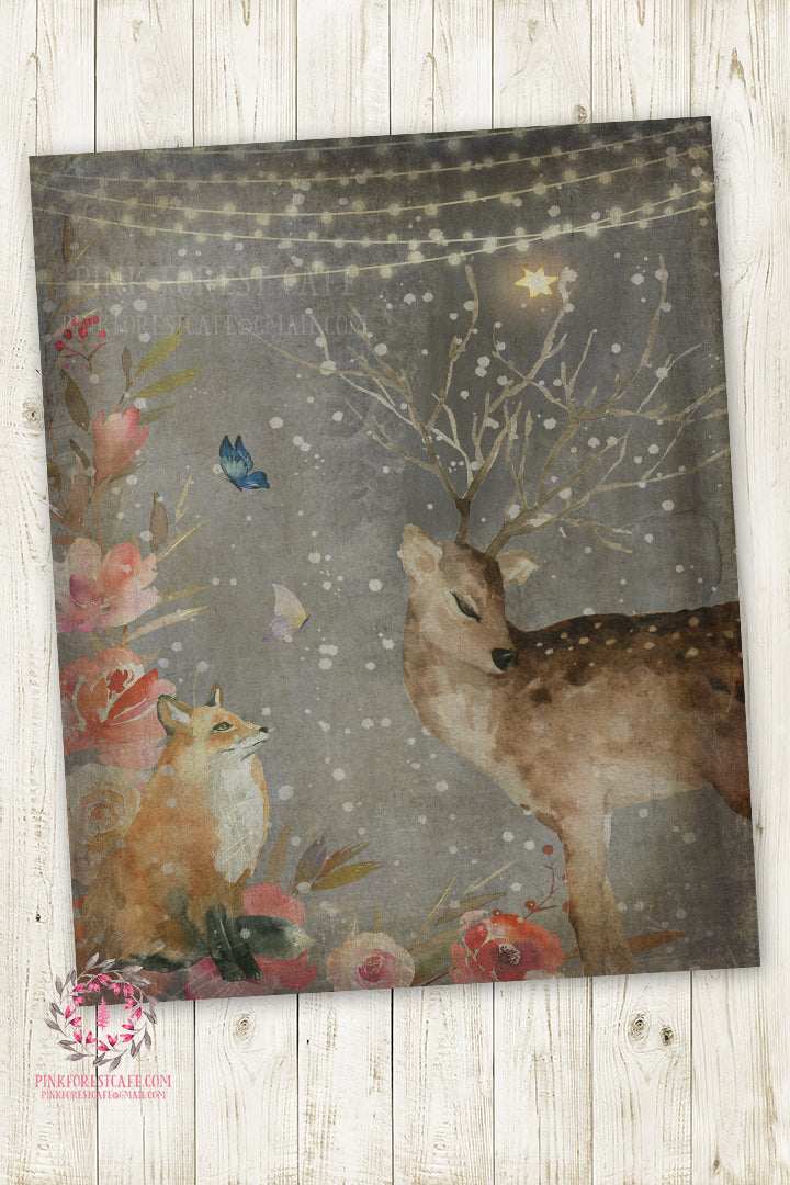Fox Deer Nursery Wall Art Print Baby Ethereal Rustic Watercolor Mystery Fantasy Magical Whimsical Printable Decor