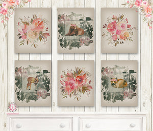 Woodland Deer Fox Bear Boho Wall Art Print Bear Floral Watercolor Nursery Baby Girl Room Set Lot Printable Prints Home Decor