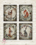 4 Deer Fox Bunny Rabbit Woodland Animal Wall Art Print Ethereal Baby Nursery Room Printable Watercolor Decor