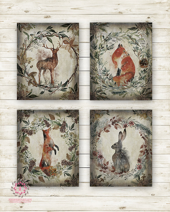 4 Deer Fox Bunny Rabbit Woodland Wall Art Print Ethereal Baby Boy Nursery Room Printable Watercolor Decor
