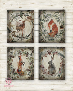 4 Deer Fox Bunny Rabbit Woodland Animal Wall Art Print Ethereal Baby Nursery Room Printable Watercolor Decor