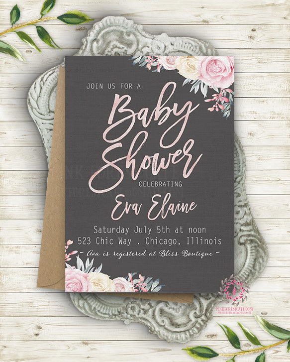 Floral Modern Blush Baby Bridal Shower Invite Invitation Wedding Save The Date Rose Gold Gray White Bridal Shower Urban Watercolor Printable Announcement
