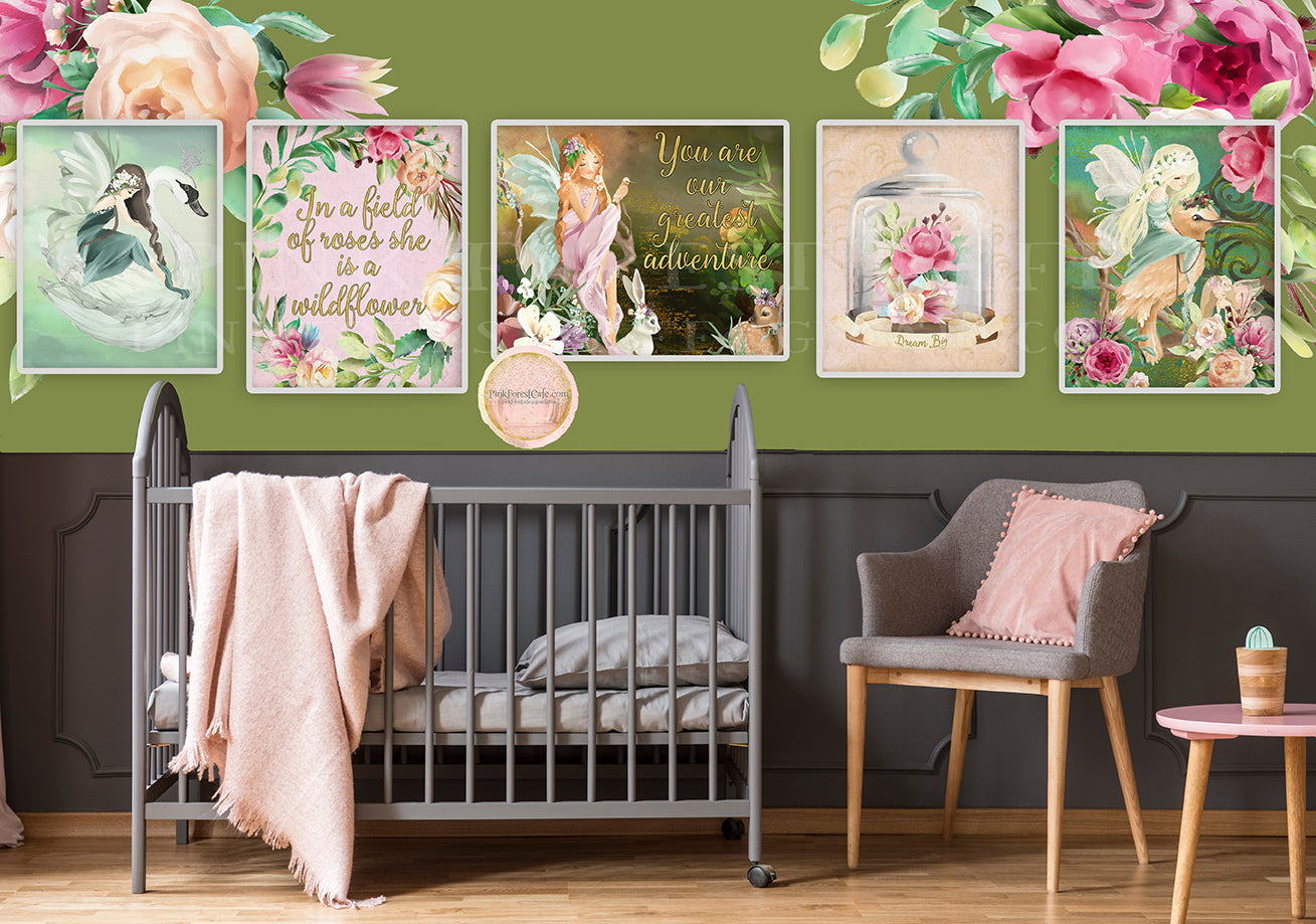 5 Fairy Print Baby Girl Nursery Wall Art Print Ethereal Enchanted Garden Fairies Swan Bird Whimsical Bohemian Prints Printable Decor