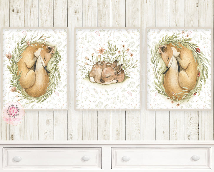 3 Sleeping Deer Fox Boho Wall Art Print Woodland Rustic Gender Neutral Nursery Baby Room Set Lot Prints Printable Decor