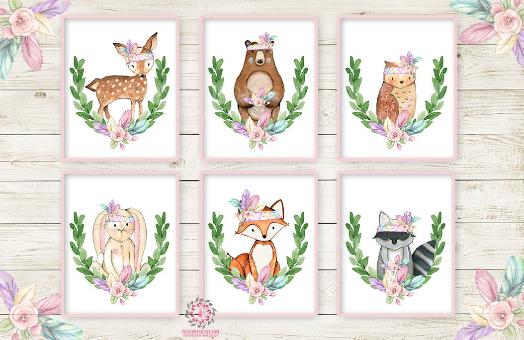 6 Deer Fox Bunny Wall Art Print Nursery Rabbit Bear Owl Raccoon Pink P ...