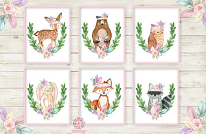 6 Deer Fox Bunny Wall Art Print Nursery Rabbit Bear Owl Raccoon Pink Purple Mint Tribal Printable Woodland Boho Bohemian Floral Baby Girl Room Set Lot Prints Home Decor
