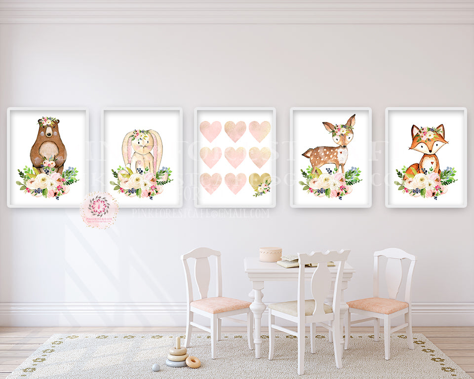 5 Deer Fox Bunny Rabbit Bear Woodland Boho Wall Art Print Nursery Set Bohemian Heart Floral Nursery Baby Girl Room Prints Printable Decor