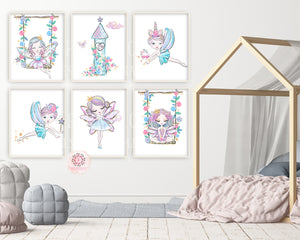 6 Boho Fairy Unicorn Wall Art Print Baby Girl Nursery Pink Gold Turquoise Purple Printable Decor
