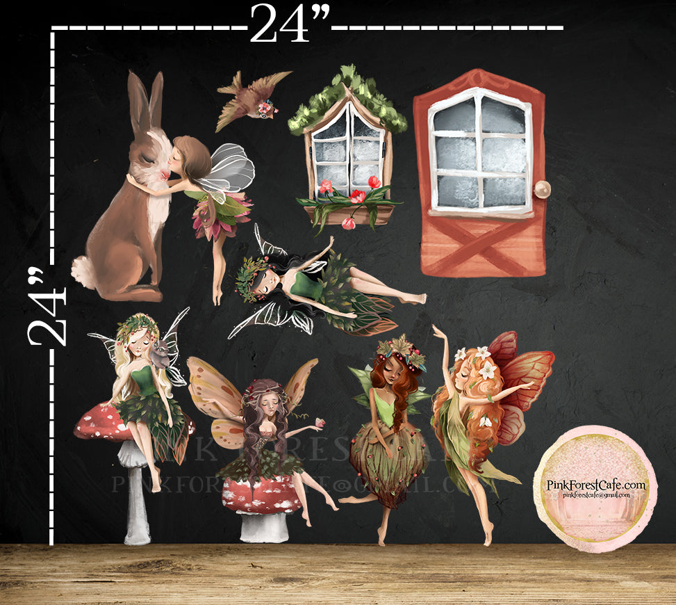 Fairy Garden Door Fairies Bunny Wall Decal Sticker Woodland Boho Set Art Bird Decals Decor