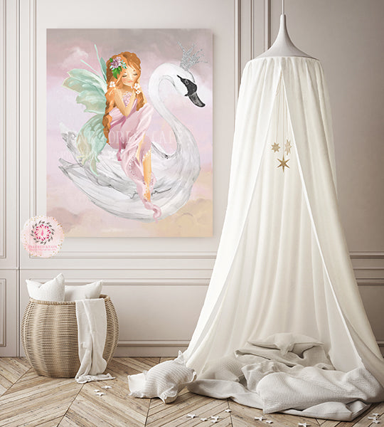 Fairy Swan Baby Girl Nursery Wall Art Print Ethereal Enchanted Garden Fairies Whimsical Bohemian Printable Decor