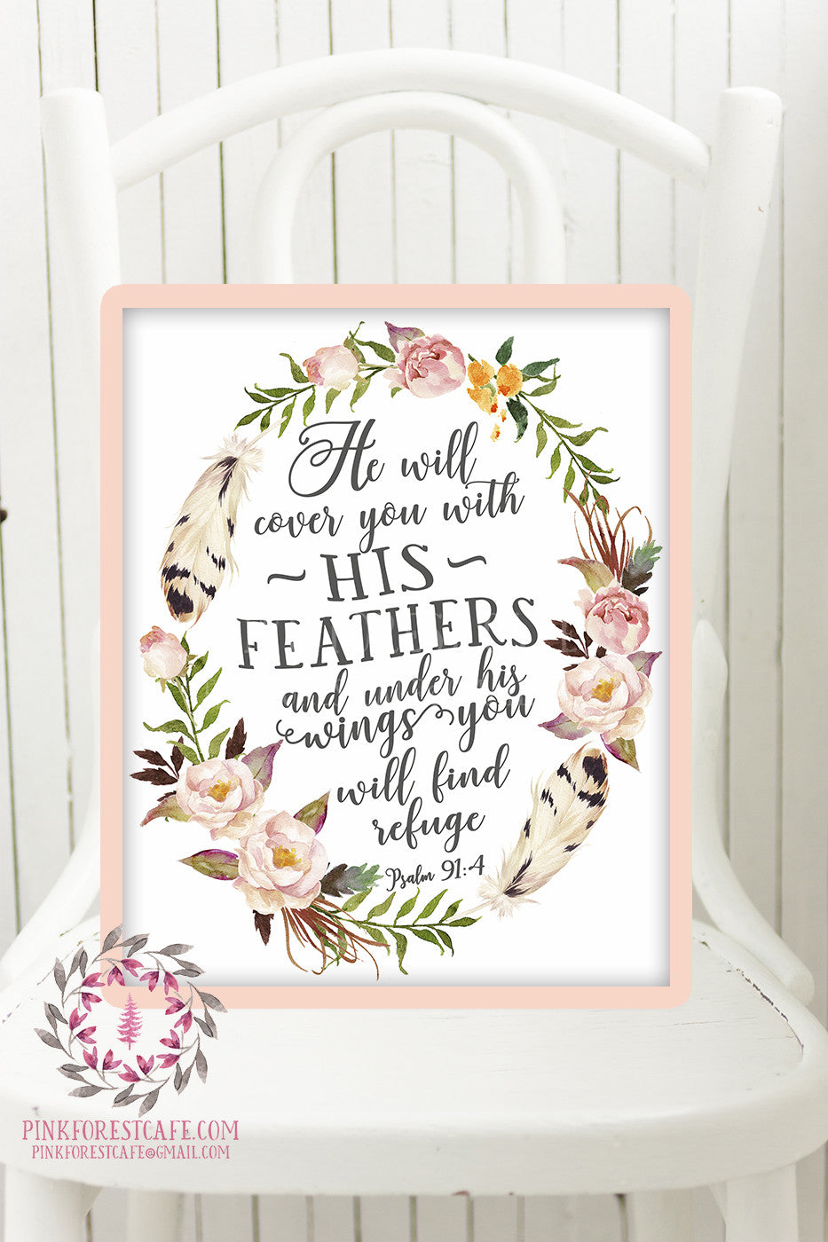 Psalm 91:4 He Will Cover You With His Feathers Boho Nursery Print Wall Art Watercolor Baby Room Printable Decor
