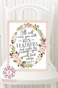 Psalm 91:4 He Will Cover You With His Feathers Boho Nursery Print Wall Art Watercolor Baby Room Printable Decor