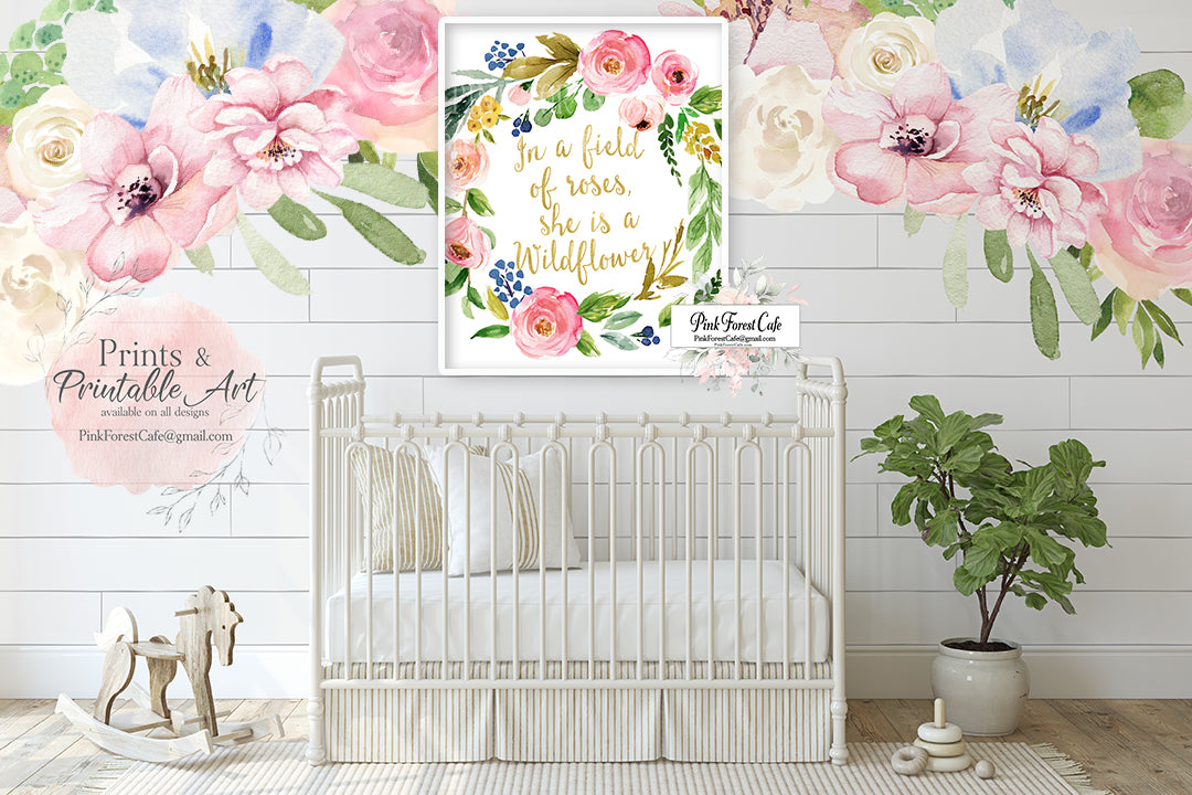 In A Field Of Roses Wall Art Print She Is A Wildflower Baby Girl Nursery Printable Boho Watercolor Floral Room Decor