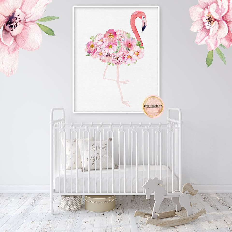 Pink Flamingo Floral Wall Art Print Tropical Baby Girl Nursery Ethereal Whimsical Printable Decor