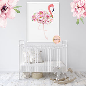 Pink Flamingo Floral Wall Art Print Tropical Baby Girl Nursery Ethereal Whimsical Printable Decor