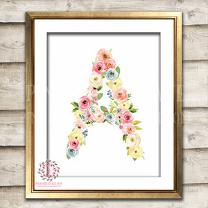 Boho Monogram Initial Personalized Wall Art Print Watercolor Floral Shabby Chic Baby Nursery Printable Decor