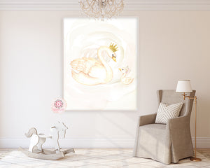 Boho Swan Baby Girl Nursery Wall Art Print Ethereal Blush Gold Crown Whimsical Bohemian Floral Printable Decor